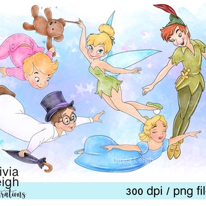 Set von Peter Pan niedlichen Aquarell Kinderzimmer Kinder Clipart PNG Dateien plus kostenlose nahtlose Muster DIGITAL DOWNLOAD Printable