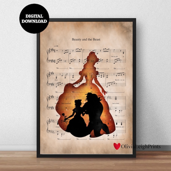 Princess Belle Beauty And the Beast Poster Music Sheet Print-Wall Art-Gift DIGITAL DOWNLOAD Printable