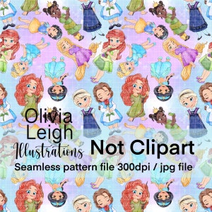 Cute Toddler Baby Princess Seamless Pattern. Tiana, Snow White, Belle, Elsa And Anna Digital Paper. DIGITAL DOWNLOAD Children’s Printable