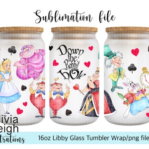 Fichier PNG d'emballage pour sublimation Alice au pays des merveilles TÉLÉCHARGEMENT NUMÉRIQUE Gobelet en verre 16 oz Design imprimable Uv-dtf