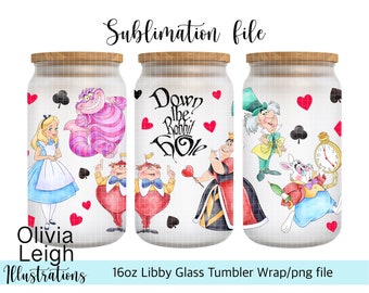 Alice In Wonderland Sublimation Wrap PNG File DIGITAL DOWNLOAD 16oz Glass Tumbler Design Uv-dtf Printable