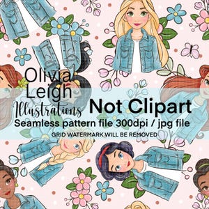 May include: Seamless pattern file featuring illustrations of cartoon women wearing denim jackets, surrounded by flowers and butterflies, on a pink background. The text "Olivia Leigh Illustrations Not Clipart" is visible.