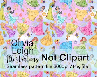 Cute Toddler Princess Repeat Seamless Pattern. Digital Paper. DIGITAL DOWNLOAD Printable