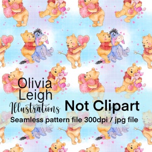 Cute Winnie The Pooh, Eeyore And Piglet Valentines Repeat Seamless Pattern. Digital Paper. DIGITAL DOWNLOAD  Printable