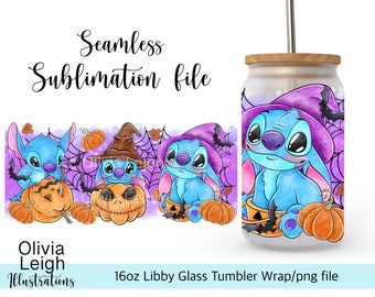 Lindo Stitch Halloween Wrap PNG Archivo DESCARGA DIGITAL Diseño de vaso de vidrio de 16oz