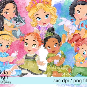 Set Baby Kleinkind Prinzessinen Tiana, Schneewittchen. Ariel, Pocahontas niedliche Clipart PNG-Dateien DIGITAL DOWNLOAD Printable