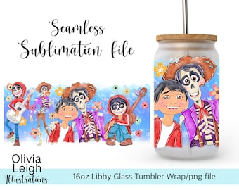 Coco Sublimation Wrap PNG File DIGITAL DOWNLOAD 16oz Glass Tumbler Design