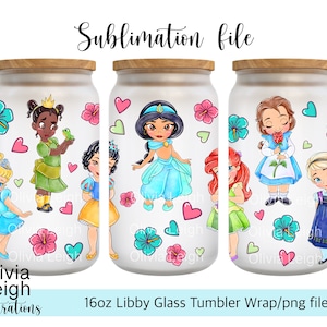 Cute Princess Toddlers, Belle, Ariel, Jasmine, Tiana, Cinderella PNG File DIGITAL DOWNLOAD 16oz Glass Tumbler Design