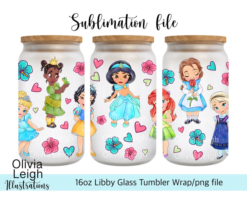 Cute Princess Toddlers, Belle, Ariel, Jasmine, Tiana, Cinderella PNG File DIGITAL DOWNLOAD 16oz Glass Tumbler Design image 1
