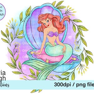 Cute Floral Princess Ariel Mermaid Clipart Sublimation PNG Files DIGITAL DOWNLOAD Printable