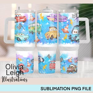 May include: Three white travel tumblers with a cartoon car design. The design features various cars, traffic cones, lightning bolts, and checkered flags on a blue background. The text "Olivia Leigh Illustrations" and "SUBLIMATION PNG FILE" are also visible.
