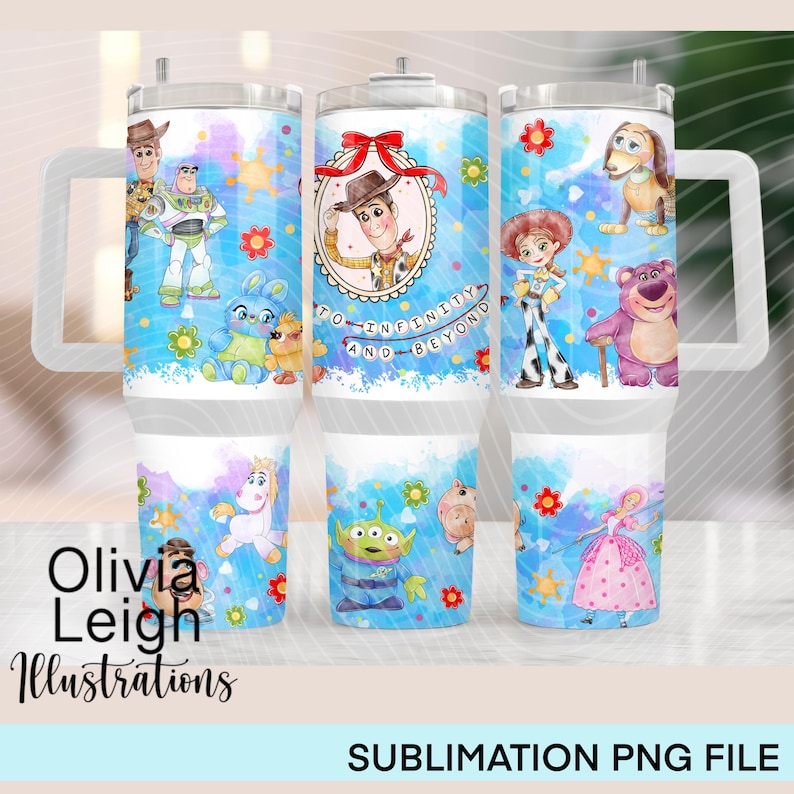 May include: A sublimation design featuring characters from the Toy Story movie franchise. The design includes Woody, Buzz Lightyear, Jessie, and other characters. The design is on a white background with blue watercolor accents. The text "To Infinity and Beyond" is included in the design.
