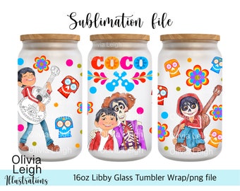 Coco Cup Wrap Png File DIGITAL DOWNLOAD 16oz Glass Tumbler Design For UVDTF printing.