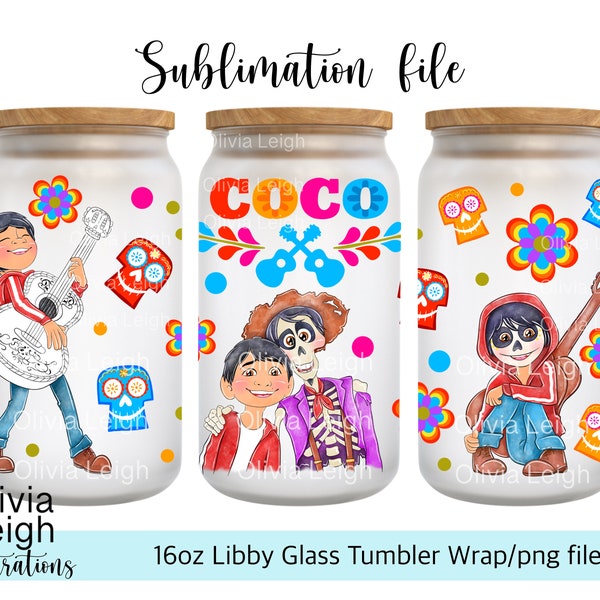 Coco Cup Wrap Png File DIGITAL DOWNLOAD 16oz Glass Tumbler Design For UVDTF printing.