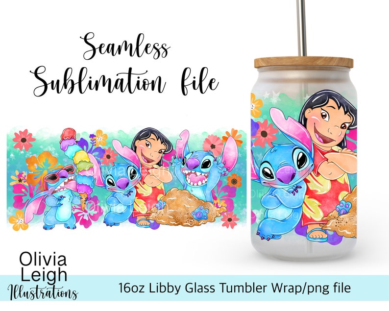 Cute Stitch Wrap PNG File DIGITAL DOWNLOAD 16oz Glass Tumbler Design image 1