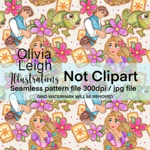 May include: A seamless pattern featuring a cartoon illustration of a princess with long blonde hair, a prince, a chameleon, and a sun. The pattern is on a light beige background with pink, yellow, and purple flowers.