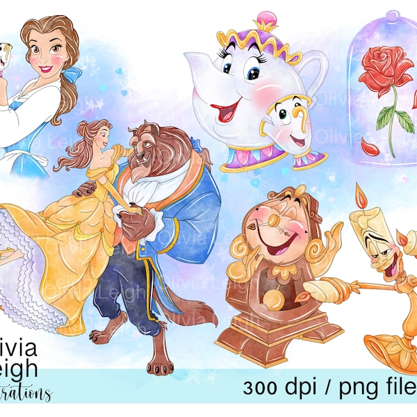 Set Of Princess Belle Beauty And The Beast Cute Clipart PNG Files DIGITAL DOWNLOAD Printable