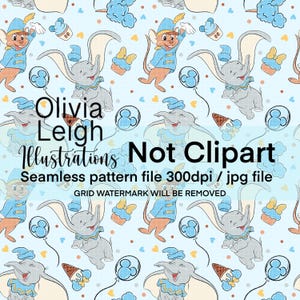 Puede incluir: Un patrón sin costuras con un fondo azul claro con una variedad de elementos coloridos, incluyendo un elefante gris con un sombrero azul, un ratón con un uniforme azul, un globo azul, una magdalena amarilla, un cono de helado marrón y un lazo amarillo. El texto "Olivia Leigh Illustrations Not Clipart" también está incluido en el patrón.