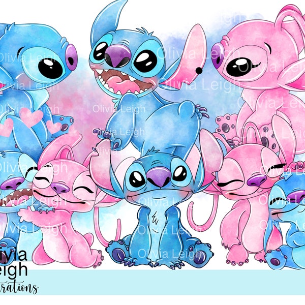 Set van Stitch Cute aquarel kwekerij kinder clipart PNG-bestanden digitale DOWNLOAD afdrukbare