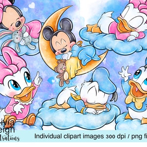 Bébé Mickey, Minnie, Donald et Daisy mignons nuages Clipart ensemble fichiers PNG TÉLÉCHARGEMENT NUMÉRIQUE imprimable