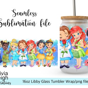 Prinzessin Kleinkind Schneewittchen, Jasmin, Tiana, Ariel und Belle Wrap PNG Datei DIGITAL DOWNLOAD 16oz Glasbecher Design