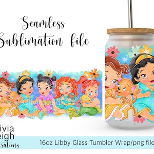 Prinzessin Kleinkind Schneewittchen, Jasmin, Tiana, Ariel und Belle Wrap PNG Datei DIGITAL DOWNLOAD 16oz Glasbecher Design