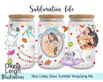 Princess Pocahontas Sublimation Wrap PNG File DIGITAL DOWNLOAD 16oz Glass Tumbler Design Uv-dtf Printable