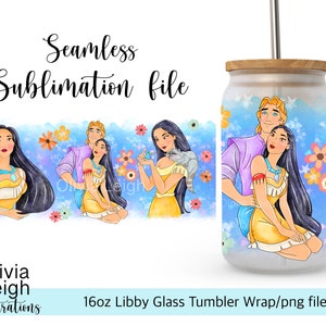 Cute Princess Pocahontas Sublimation Wrap PNG File DIGITAL DOWNLOAD 16oz Glass Tumbler Design
