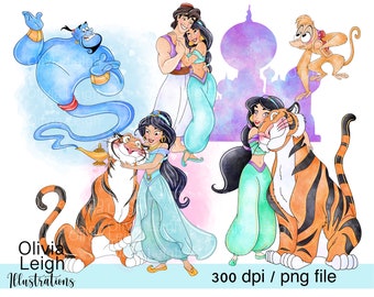 Set Of Princess Jasmine And Aladdin, The Genie, Rajah, Castle Cute Clipart PNG Files DIGITAL DOWNLOAD Commercial Use Printable