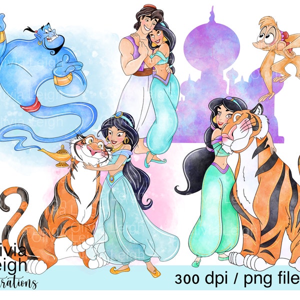 Set Of Princess Jasmine And Aladdin, The Genie, Rajah, Castle Cute Clipart PNG Files DIGITAL DOWNLOAD Commercial Use Printable