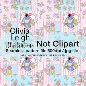 May include: A seamless pattern design with a repeating motif of a cartoon donkey character in a heart, surrounded by flowers, set against a pink and blue patchwork backdrop. The text "Olivia Leigh Illustrations Not Clipart" is visible.