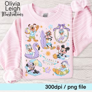 Marco PNG de Mickey y Minnie Summer con lazo y medallón, diseño de camiseta estilo coqueto, descarga digital