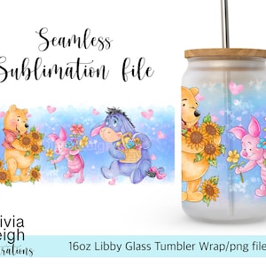 Winnie The Pooh, Eeyore And Piglet Springtime Sublimation Wrap PNG File DIGITAL DOWNLOAD 16oz Glass Tumbler Design
