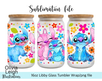 Cute Lilo And Stitch, Stitch And Angel PNG File DIGITAL DOWNLOAD 16oz Glass Tumbler Design