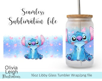 Cute Stitch Sublimation Wrap PNG File DIGITAL DOWNLOAD 16oz Glass Tumbler Design