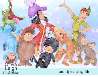 Conjunto de Peter Pan lindo acuarela vivero niños clipart PNG archivos DESCARGA DIGITAL imprimible