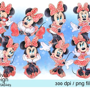 Conjunto de lindas ilustraciones de acuarela de Minnie Mouse en archivos PNG DESCARGA DIGITAL Sublimación para niños imprimible