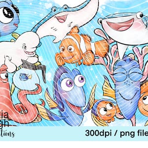 Può includere: Un'illustrazione digitale di varie creature marine dei cartoni animati, tra cui un pesce blu, una balena beluga bianca, un pesce pagliaccio arancione e bianco, un pesce blu e viola, un polpo rosso, una razza blu, uno squalo balena grigio e un pesce arancione. L'illustrazione è su uno sfondo blu e bianco con un motivo ondulato.