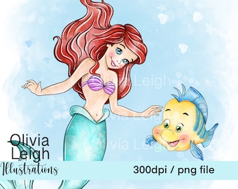 Princess Ariel And Flounder Cute Clipart PNG Files DIGITAL DOWNLOAD Commercial Use Printable