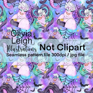 May include: Seamless pattern featuring a purple and blue watercolour background with a repeating pattern of Ursula from The Little Mermaid. Ursula is depicted with her octopus tentacles and a green sea serpent. The pattern also includes bats and spiderwebs.