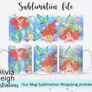 Princess Ariel, Mermaid Sublimation mug Wrap PNG File For 11oz Mug DIGITAL DOWNLOAD Tumbler Cup Design.