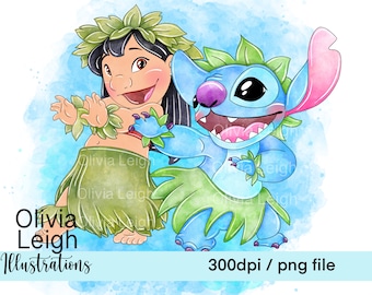 Lilo en Stitch zomer Hula leuke clipart PNG-bestanden digitale DOWNLOAD afdrukbare