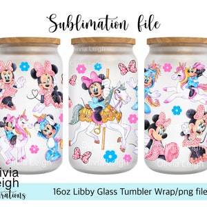 Archivo PNG de envoltura de taza de Minnie y unicornio DESCARGA DIGITAL Diseño de vaso de vidrio de 16 oz