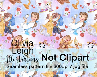Cute Beauty And The Beast Seamless Pattern. Digital Paper. DIGITAL DOWNLOAD Commercial Use Printable