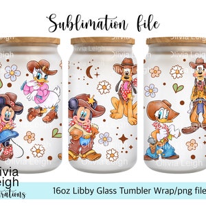 Cute Mickey, Minnie e amigos Cowboy. PNG Arquivo DOWNLOAD DIGITAL 16oz Glass Tumbler Design