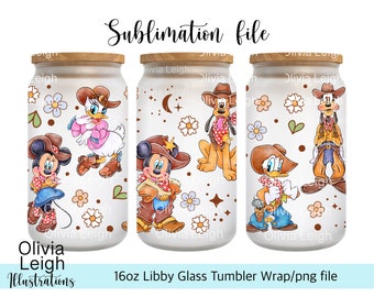 Cute Mickey, Minnie And Friends Cowboy. PNG File DIGITAL DOWNLOAD 16oz Glass Tumbler Design