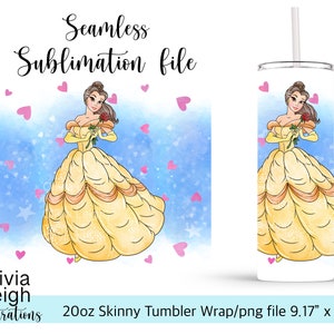 Beauty And The Beast Princess Belle Sublimation Design Wrap PNG File DIGITAL DOWNLOAD 20oz Skinny Tumbler Design