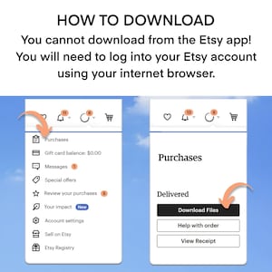 K&ouml;nnte beinhalten: Ein Screenshot mit Anweisungen zum Herunterladen von Dateien von Etsy. Der Text lautet &bdquo;WIE HERUNTERLADEN&ldquo; und erkl&auml;rt, dass Downloads &uuml;ber einen Webbrowser und nicht &uuml;ber die Etsy-App erfolgen m&uuml;ssen. Das Bild zeigt den Bereich &bdquo;K&auml;ufe&ldquo; mit der Schaltfl&auml;che &bdquo;Dateien herunterladen&ldquo;.