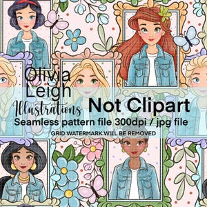 Può includere: Motivo senza cuciture con illustrazioni di personaggi dei cartoni animati con giacche di jeans, incorniciate da fiori e farfalle su sfondo rosa chiaro. Il testo "Olivia Leigh Illustrations Not Clipart" è visibile.