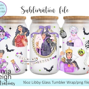 Peut inclure: Trois motifs pour gobelets en verre Libby de 16 oz avec des illustrations de m&eacute;chants. Chaque motif pr&eacute;sente un personnage diff&eacute;rent et un couvercle en bois. Le design comprend le texte "Villains Do It Better" et "Sublimation file".